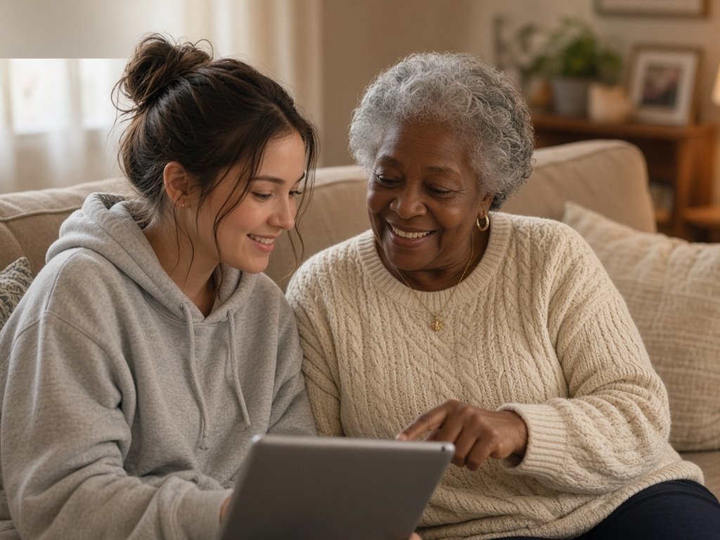 A granddaughter in a grey hoodie and her grandmother in a cream cable-knit sweater look at a tablet on a sofa