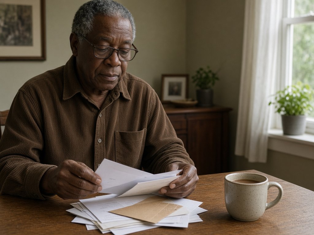 An older man in a brown corduroy shirt and glasses sorts envelopes at a wooden table beside a mug of tea