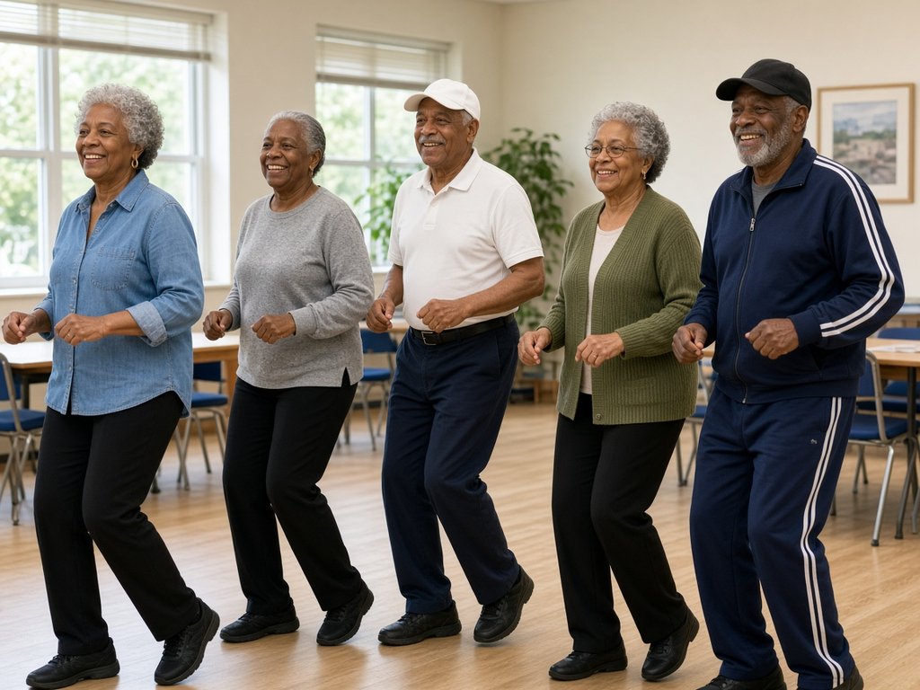 Five older adults in a denim shirt, grey sweater, white polo, olive cardigan and navy tracksuit line dance in a bright community room