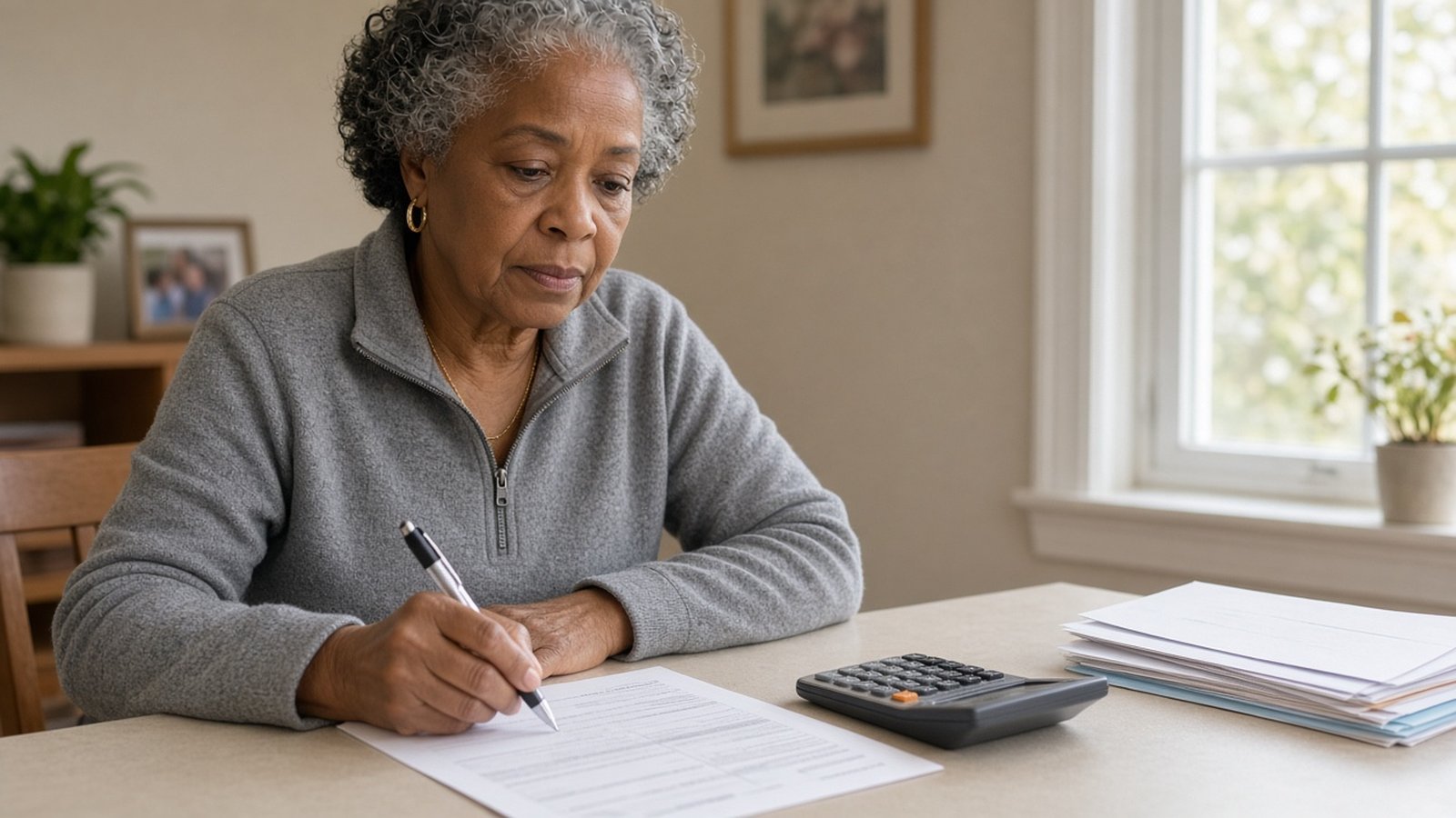 An older woman in a grey quarter-zip pullover checks a hospital bill with a pen and calculator at a desk