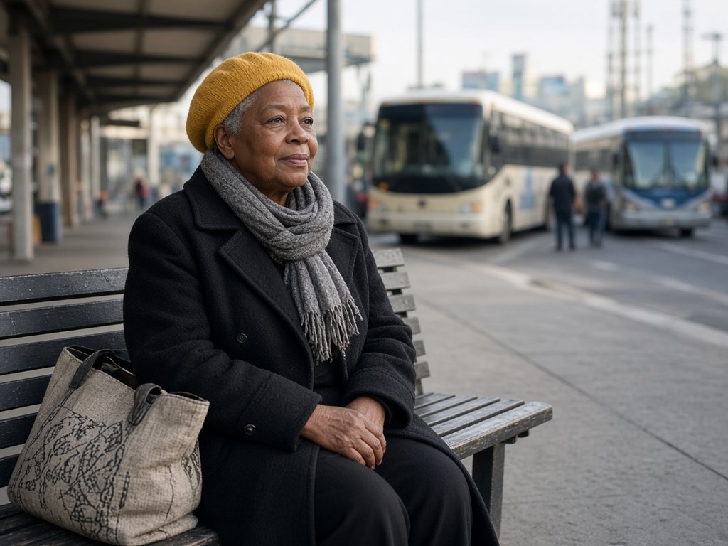 An older woman in a mustard knit beret, black wool coat and grey scarf waits on a bench at a bus terminal